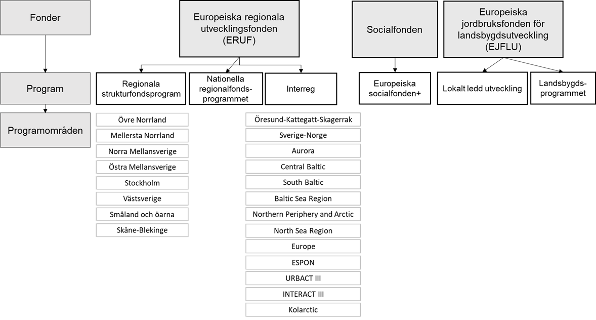 En bild som visar hierarkin mellan de undersökta EU-fonderna och de ingående programmen.