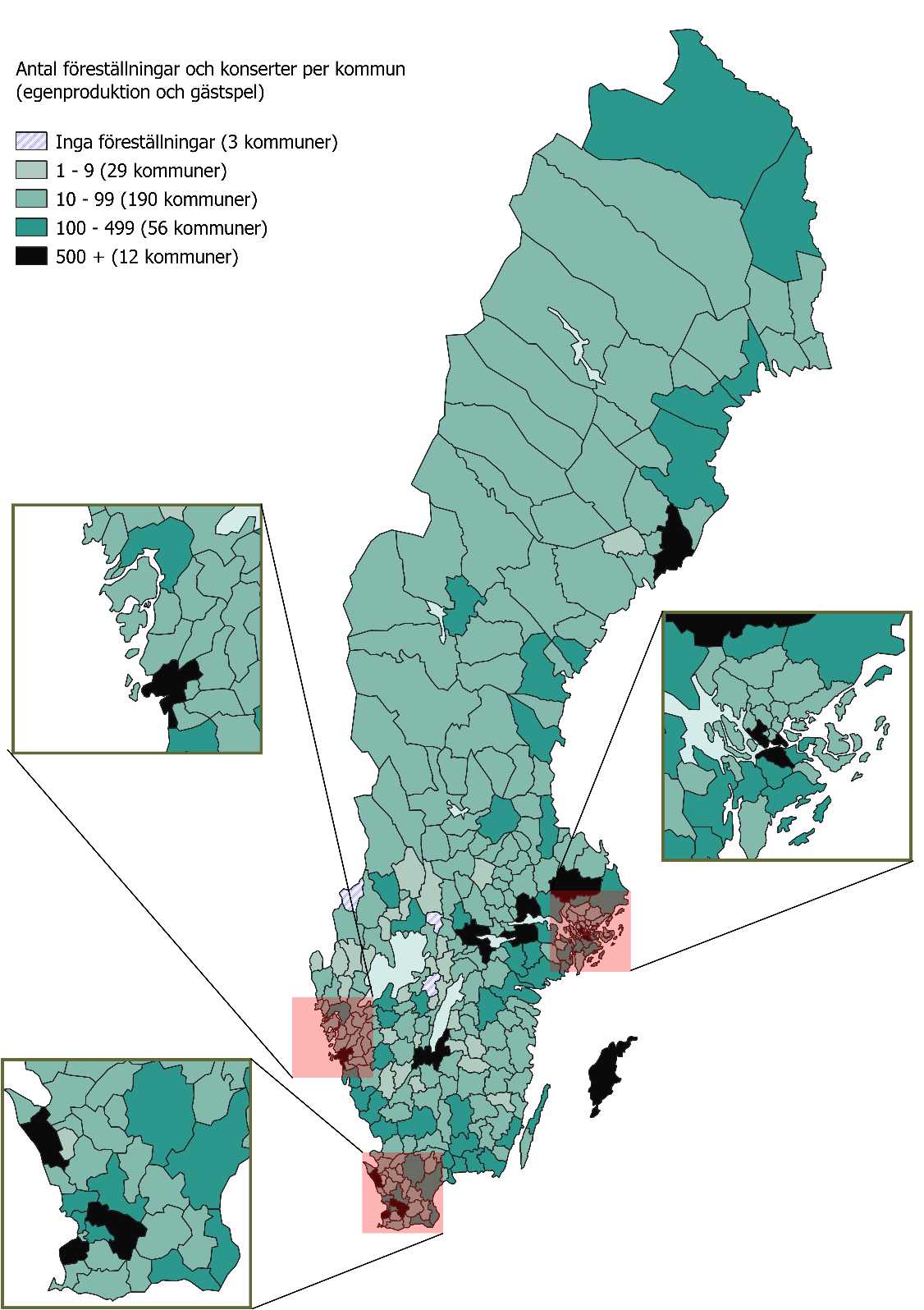 Karta som visar antalet föreställningar och konserter per kommun i Sverige. Kartan delar in antalet föreställningar och konserter i fem kategorier: inga föreställningar (3 kommuner), 1-9 (29 kommuner), 10-99 (190 kommuner), 100-499 (56 kommuner) och över 500 (12 kommuner).