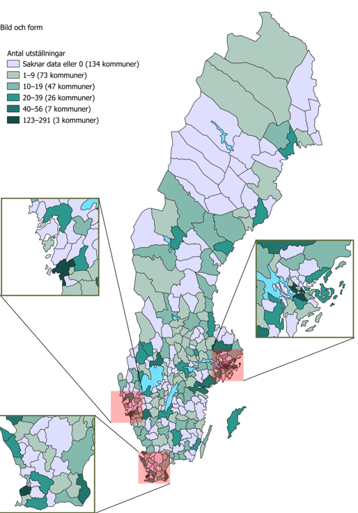 Karta över antalet bild- och formutställningar per kommun 2023. Kartan visar fördelningen av 2665 utställningar och baseras på svar från 342 verksamheter.