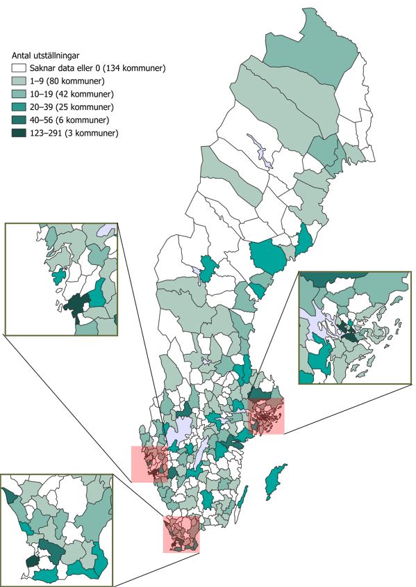 Karta över antalet bild- och formutställningar per kommun 2024. Kartan visar fördelningen av 2 964 utställningar och baseras på svar från 367 verksamheter.