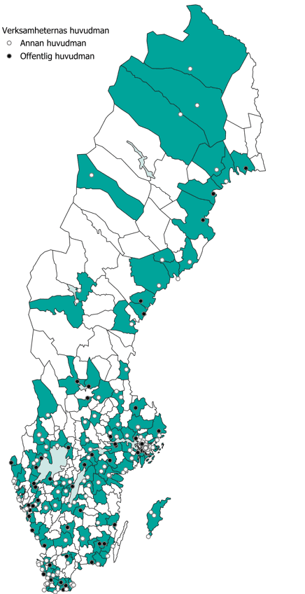 Karta över bild- och formverksamheter och deras geografiska placering 2024. Kartan visar den geografiska fördelningen av 297 verksamheter och deras huvudman.