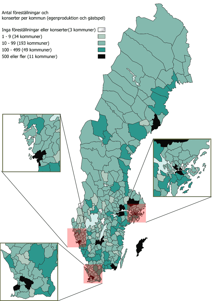 Karta över Sveriges kommuner som visar antal föreställningar och konserter per kommun.