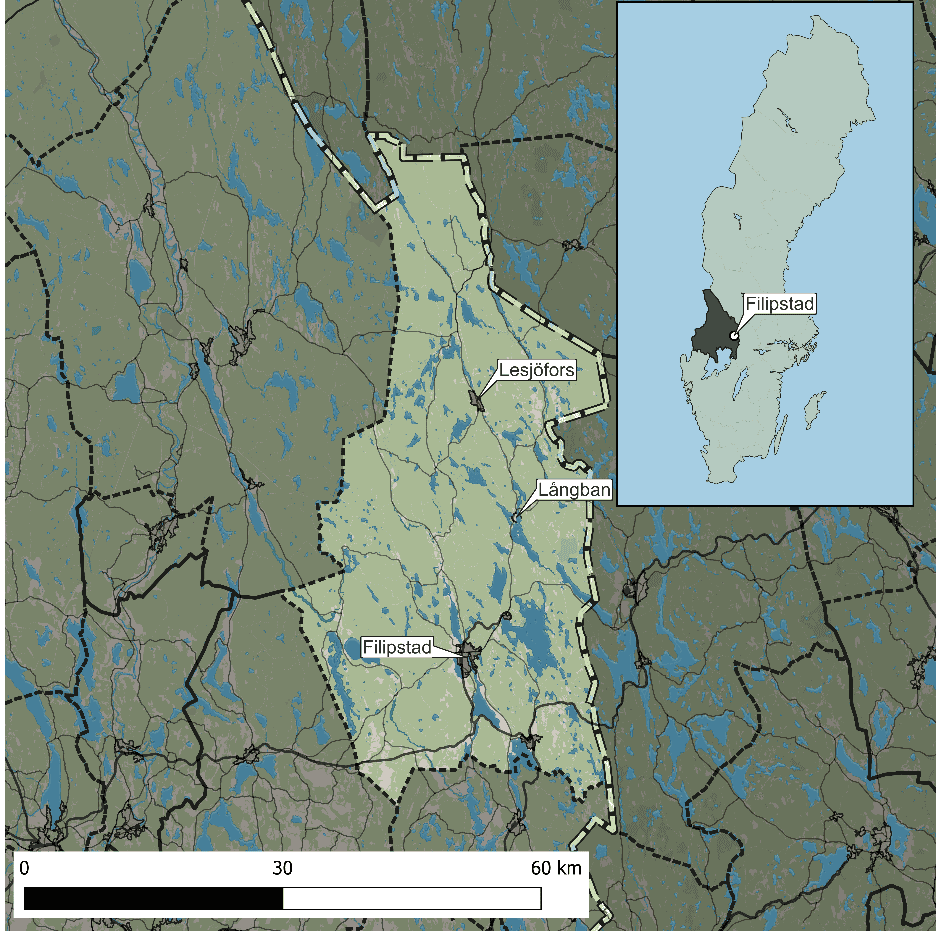 En karta över Filipstads kommun där kommunens tätorter Lesjöfors, Långban och Filipstad är utmarkerade. I kartbilden finns även en Sverigekarta infogad som visar var Filipstads kommun ligger i landet.
