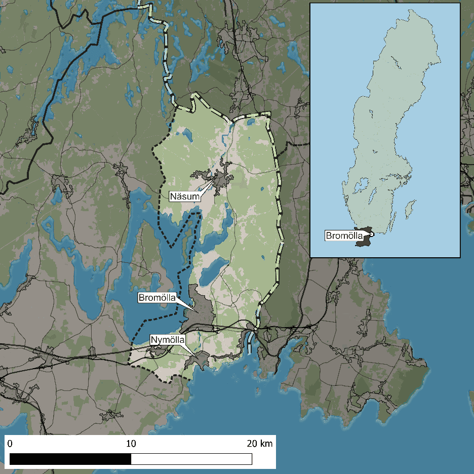 En karta över Bromölla kommun där kommunens tätorter Bromölla, Nymölla och Näsum är utmarkerade. I kartbilden finns även en Sverigekarta infogad som visar var Bromölla kommun ligger i landet. 