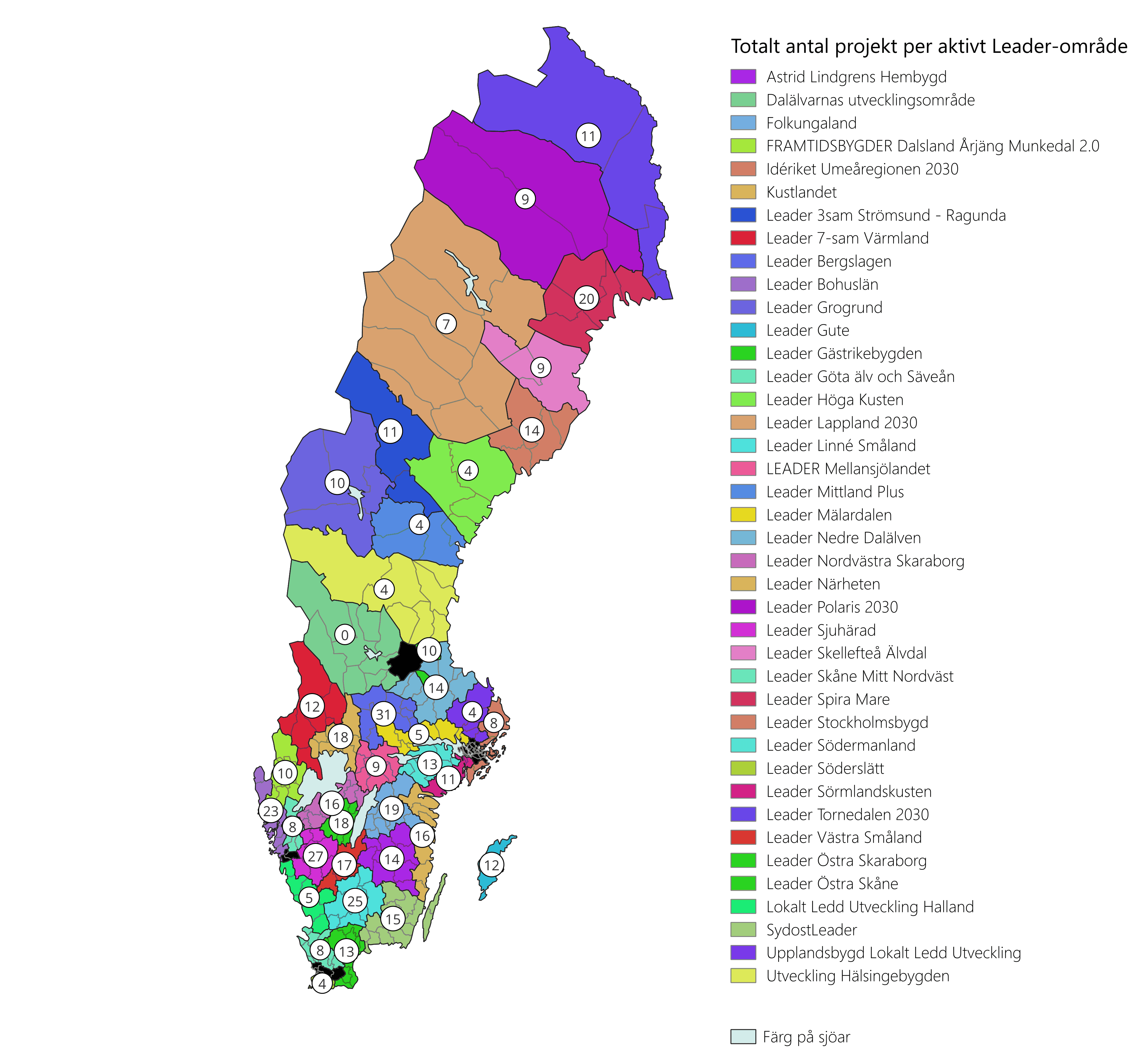 Karta över Sverige med kommun-indelning. Kommuner är färgkodade efter tillhörande Leader-områden, där varje färg representerar specifikt Leader-område enligt färgkodning i legend till höger i bilden. 

Dataetiketter i form av cirklar med siffror indikerar totalt antal beviljade projekt per Leader-område på kartan.