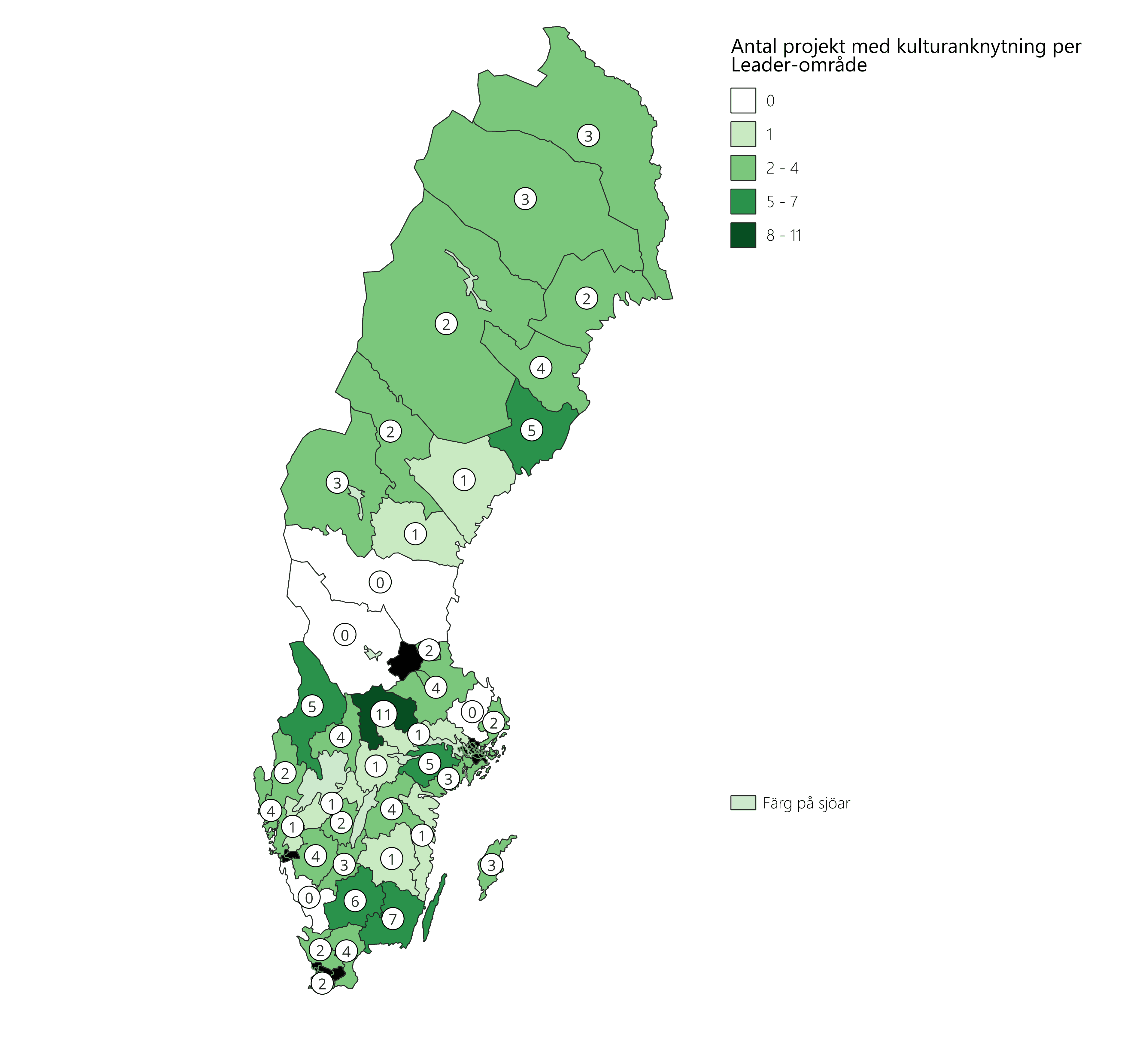 Karta över Sverige som visar antal projekt med kulturanknytning per Leader-område, i fem storlekskategorier. 

Leader-områden är färgkodade utifrån fem storlekskategorier, från vitt (0 projekt med kulturanknytning), ljusgrönt (1 projekt med kulturanknytning) till mörkgrönt (8-11 projekt med kulturanknytning). 

Dataetiketter i form av cirklar med siffror på kartan redovisar exakt antal projekt med kulturanknytning per Leader-område. 