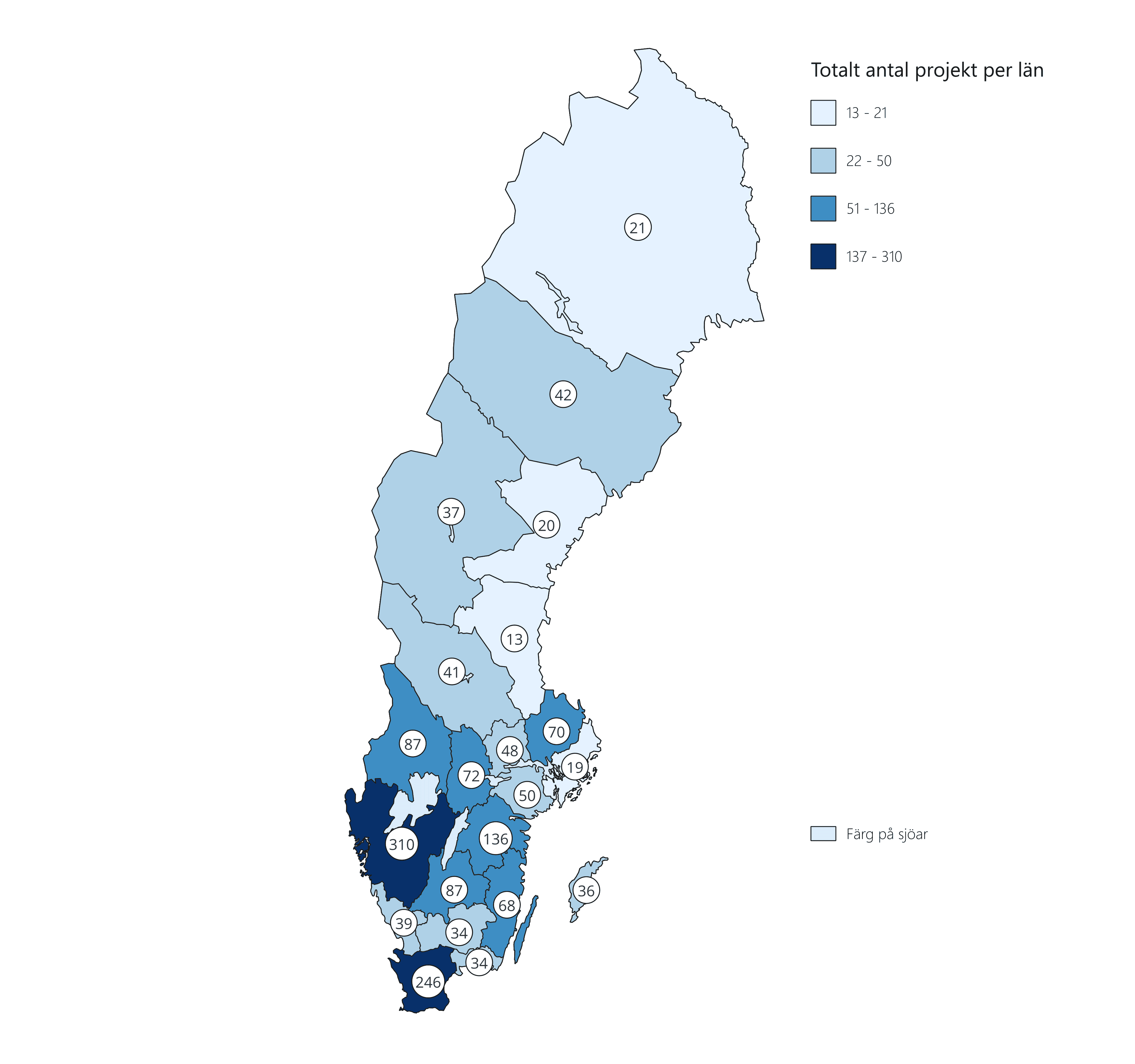 Karta över Sveriges län som visar totalt antal beviljade projekt per handläggande län. Kartan redovisar antal beviljade projekt med hjälp av etiketter i form av cirklar med siffror placerade på respektive län, samt färgfyllning i fyra storlekskategorier. 

Antalet beviljade projekt per län är indelade i fyra storlekskategorier, som redovisas med färgskala från ljusblå (13-21 projekt) till mörkblå (137-310 projekt).