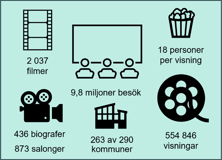 Figuren visar sammanfattande statistik för film på biografer 2025. En symbol-ikon som representerar respektive område (besök, salonger, filmer, visningar, biografer, personer per visning) är placerad ovanför uppgifterna.

Sammanlagt visades 2 037 unika filmer på 436 biografer med 873 salonger. På biograferna gjordes sammanlagt cirka 9,8 miljoner besök på 554 846 visningar, vilket motsvarar cirka 18 personer per visning. I 263 av 290 kommuner i Sverige fanns minst en biograf.