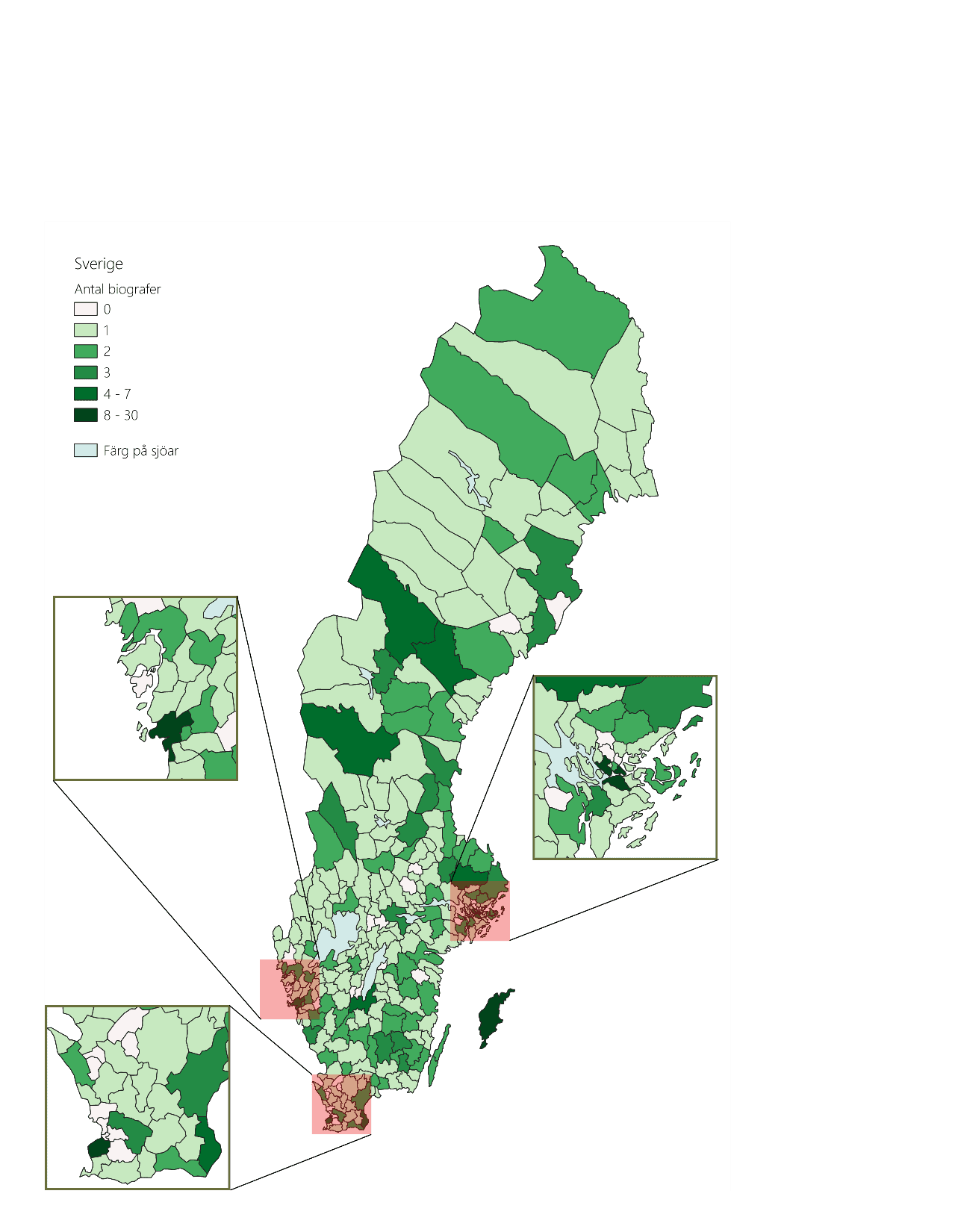 Karta över Sverige som visar antal biografer per kommun med färgskalor från vitt (0) till mörkgrönt (8-30). Kartan inkluderar förstoringar av storstadsområden med tydliga gränser och etiketter för att visualisera koncentrationer i biografutbud i storstadsområden.