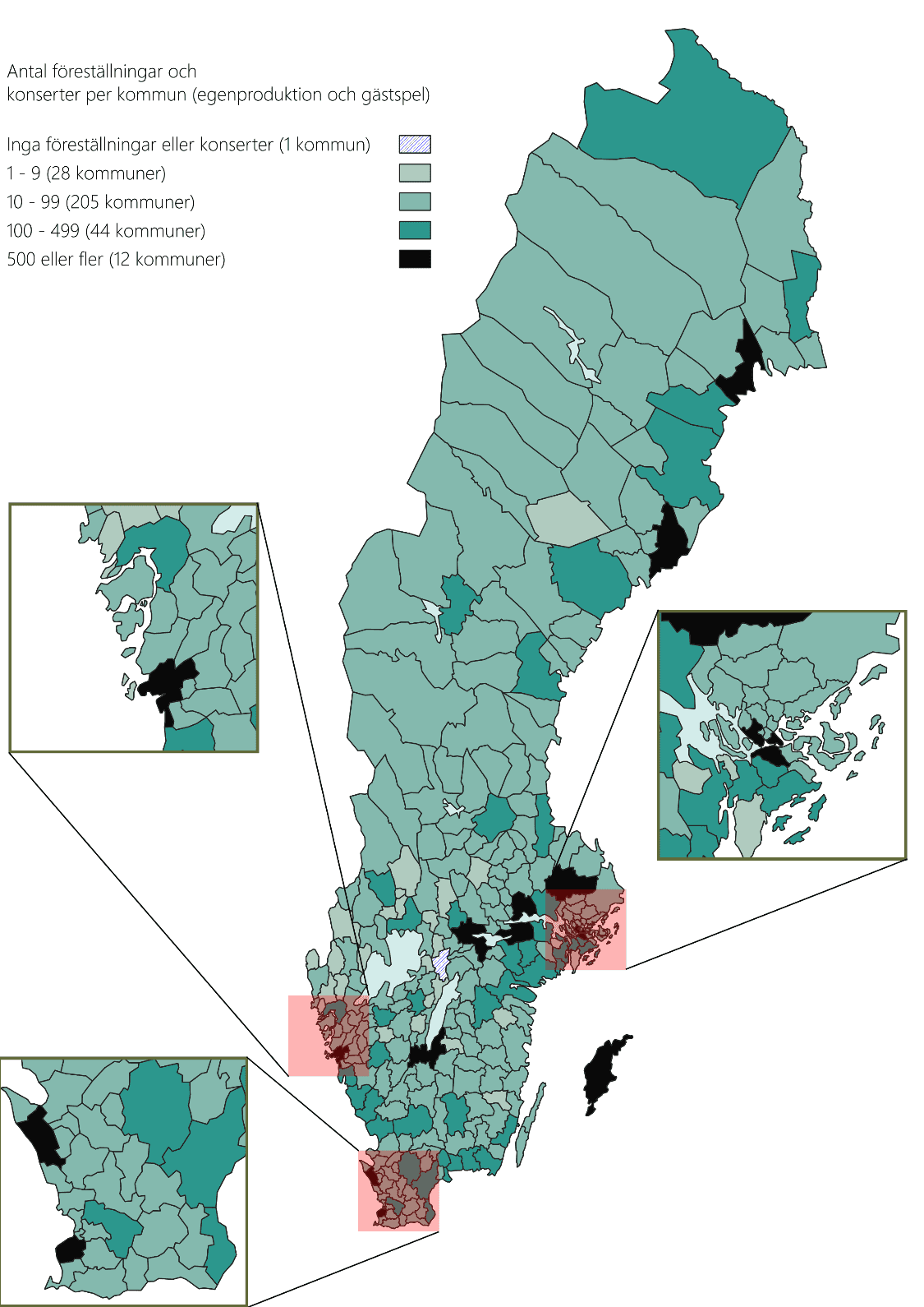 Karta som visar antalet föreställningar per kommun i Sverige.